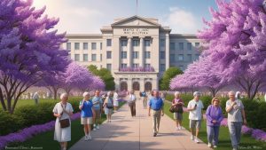 Scenic view of the Mayo Clinic in Rochester, Minnesota, surrounded by blooming purple trees and a vibrant walkway filled with senior visitors enjoying the pleasant atmosphere.