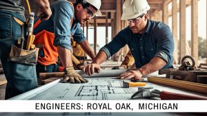 Engineers in Royal Oak, Michigan, collaborating on a construction project, reviewing blueprints, and wearing safety gear at a job site.