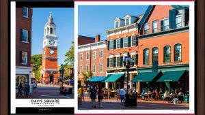 Framed images of Davis Square in Somerville, Massachusetts, showcasing historic brick buildings, a clock tower, and lively street life. A must-visit destination for shopping, dining, and entertainment.