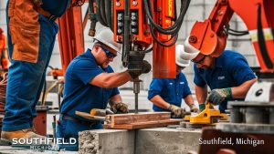Skilled workers in blue uniforms and safety gear operating heavy machinery at a construction site in Southfield, Michigan