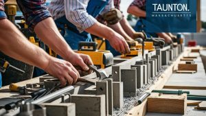 Close-up of construction workers using tools to build a structure in Taunton, Massachusetts, showcasing teamwork and craftsmanship.