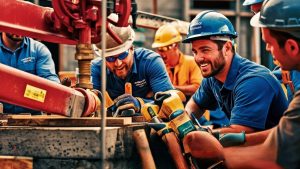 Smiling construction workers in Taunton, Massachusetts, collaborating on a building project with tools and heavy machinery.