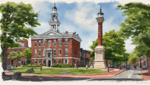 A beautifully illustrated painting of Taunton, Massachusetts' historic town hall and surrounding park, capturing the charm of the city.