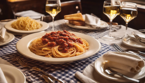 A traditional Italian restaurant table setting with plates of spaghetti in marinara sauce, served with wine and bread, evoking a warm dining atmosphere.