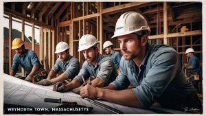 Contractors in Weymouth Town, Massachusetts, reviewing architectural blueprints at an active construction site. Skilled professionals collaborating on a commercial building project.