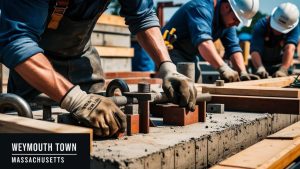 Construction workers in Weymouth Town, Massachusetts, assembling concrete structures with precision. Local contractors ensuring quality workmanship for infrastructure projects.