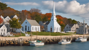 Quaint New England harbor in Weymouth Town, Massachusetts, with a historic white church and colonial-style homes. A picturesque coastal town known for its maritime charm and rich heritage.