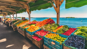 Scenic waterfront farmers market in Weymouth Town, Massachusetts, featuring fresh produce under green canopies. A vibrant destination for local goods and community engagement.