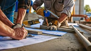 Close-up of construction workers in Woburn, Massachusetts, reviewing blueprints and using tools on a job site. Hands-on planning for a successful building project.