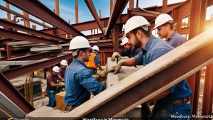 A group of construction workers assembling steel structures on a job site in Woodbury, MN, emphasizing skilled labor and infrastructure development.