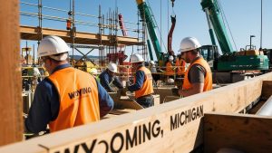 Construction crew in Wyoming, Michigan, wearing safety gear and working on a large-scale infrastructure project, symbolizing the city's ongoing growth and development.