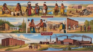 A historical collage depicting Native American tribes, early settlers, and industrial development in Wyoming, Michigan, illustrating the city's transformation over time.