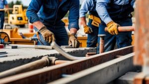 Close-up of skilled workers in protective gloves and gear constructing a concrete structure in Eden Prairie, Minnesota, highlighting the city’s expanding construction industry.