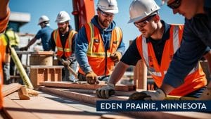 A team of construction workers wearing safety gear actively working on a project site in Eden Prairie, Minnesota, representing the city’s growing infrastructure and development.