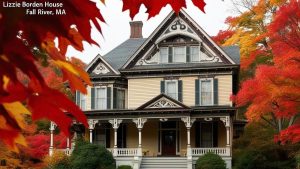 The historic Lizzie Borden House in Fall River, MA, surrounded by vibrant autumn foliage, showcasing its Victorian architecture and rich history.