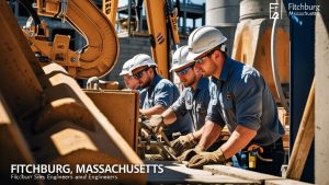 Engineers and construction workers in Fitchburg, Massachusetts, working on heavy machinery for a construction project, showcasing teamwork.