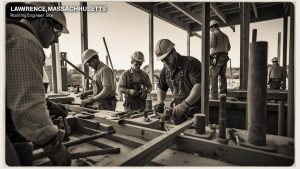 Black and white image of construction workers in Lawrence, Massachusetts, focusing on engineering and craftsmanship at a building site.