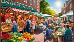 Vibrant farmers market in Lawrence, Massachusetts, with fresh produce stands, friendly vendors, and people enjoying outdoor dining on a sunny day.