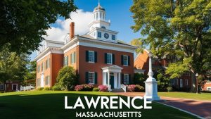 A historic red-brick building with white columns and a clock tower in Lawrence, Massachusetts, surrounded by lush greenery and a bright blue sky.