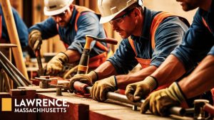 Construction workers in Lawrence, Massachusetts, wearing hard hats and gloves, assembling a structure with tools and steel reinforcements.