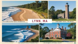 A collage showcasing the beautiful landmarks of Lynn, Massachusetts, including Nahant Beach Reservation, Lynn Shore, High Rock Tower, and the Lynn Museum & Historical Society.