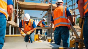 A team of construction workers in safety vests and helmets working on a project in Newton, Massachusetts. The image showcases active development and infrastructure growth.