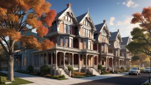 Beautifully preserved Victorian-style homes in Newton, Massachusetts, lined with trees showing autumn foliage. A scenic residential neighborhood with classic New England architecture.