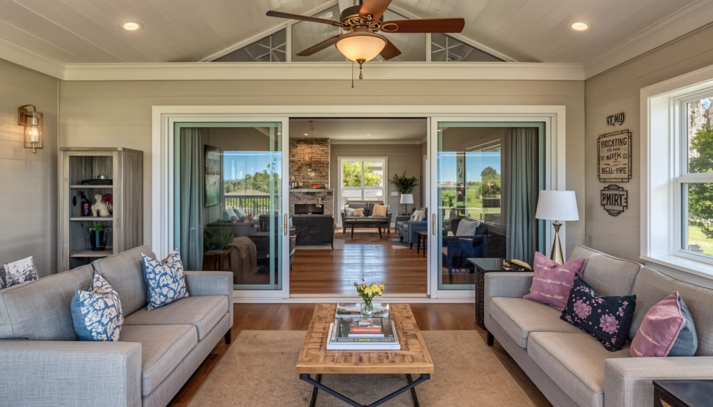 Covered patio and indoor-outdoor seating area designed for luxury short-term vacation rental accommodations in Monterey Park.
