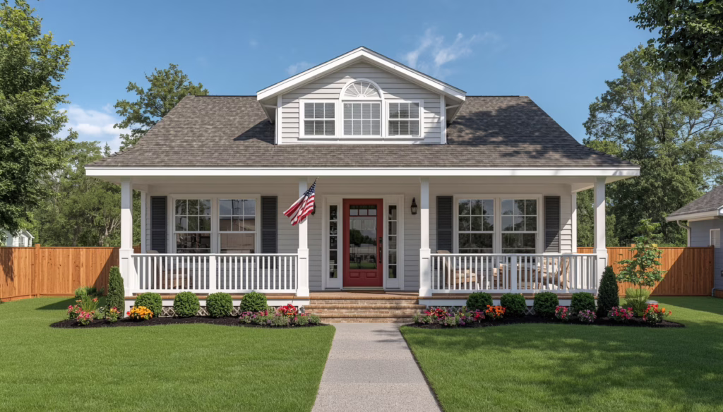 Charming Monterey Park short-term vacation rental home with front porch, manicured lawn, and modern residential design.