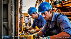 Close-up of construction workers wearing blue hard hats and safety gear in Southaven, Michigan, focusing on steel reinforcement work at an active job site.