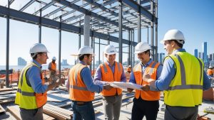 Team of engineers and contractors at a construction site in Atlantic City, NJ, reviewing project blueprints and ensuring compliance with performance bond requirements.