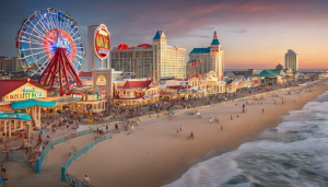 Scenic view of the Atlantic City, NJ boardwalk and beachfront with bustling crowds, amusement rides, and iconic casinos at sunset.