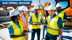 A professional handshake between contractors at a construction site in Blue Springs, MO, symbolizing successful partnerships and economic growth in the region. Perfect for business and development-related content.