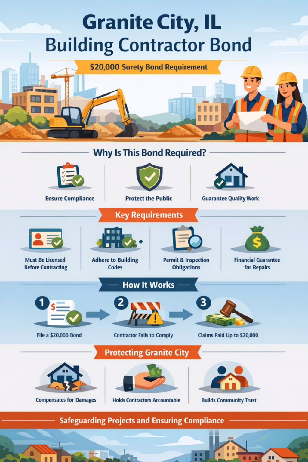 Infographic explaining Granite City, Illinois building contractor bond requirements, compliance obligations, and $20,000 financial guarantee