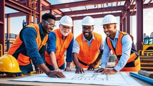 Team of contractors and engineers reviewing construction plans at a Camden, New Jersey steel structure site, emphasizing teamwork and project planning.