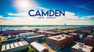Aerial view of Camden, New Jersey waterfront with historic red brick buildings at sunset, showcasing the city’s industrial architecture along the Delaware River.