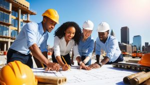 Diverse group of construction professionals in hard hats collaborating on blueprints at an urban job site, representing Camden, NJ development projects.