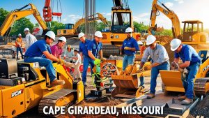 A team of contractors and laborers working on heavy machinery and construction equipment at a large-scale development project in Cape Girardeau, Missouri.