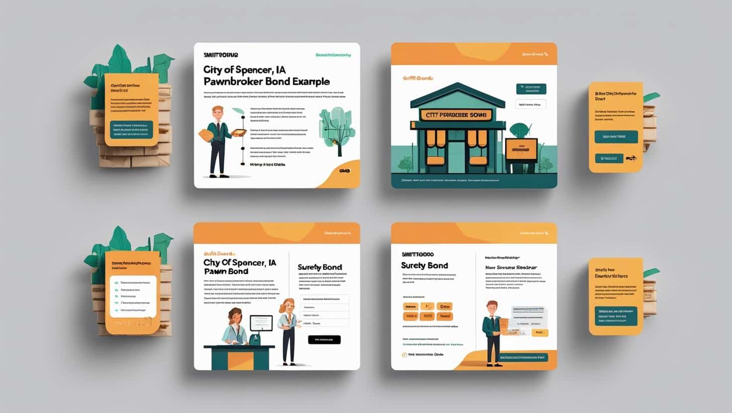 Infographic design explaining the City of Spencer, IA pawnbroker bond process with illustrated people and storefront imagery.