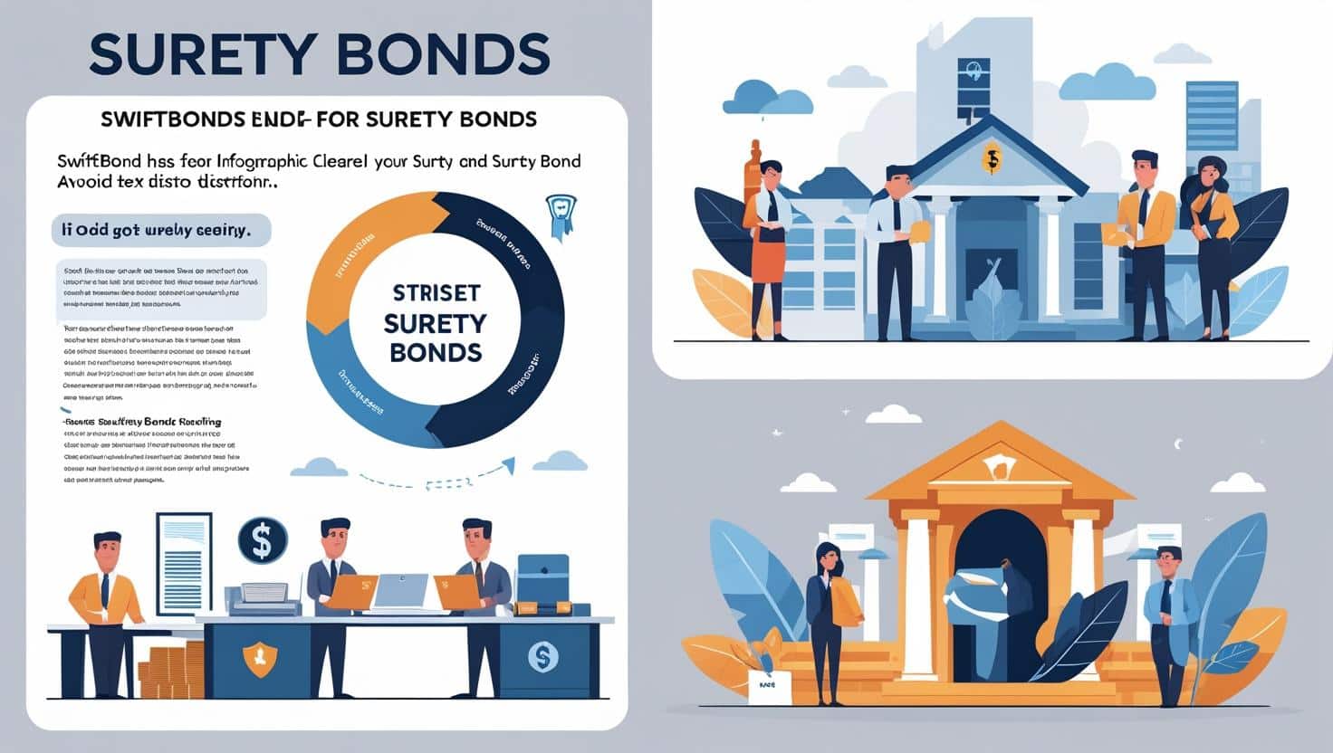 Infographic illustrating the concept and process of SwiftBonds surety bonds with business-themed graphics.