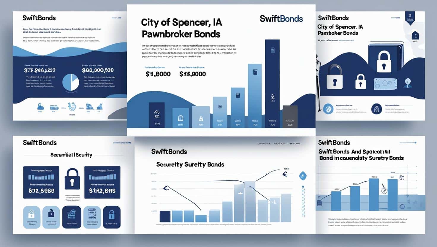 Blue-themed infographic explaining City of Spencer, IA pawnbroker bonds with charts, graphs, and security icons.