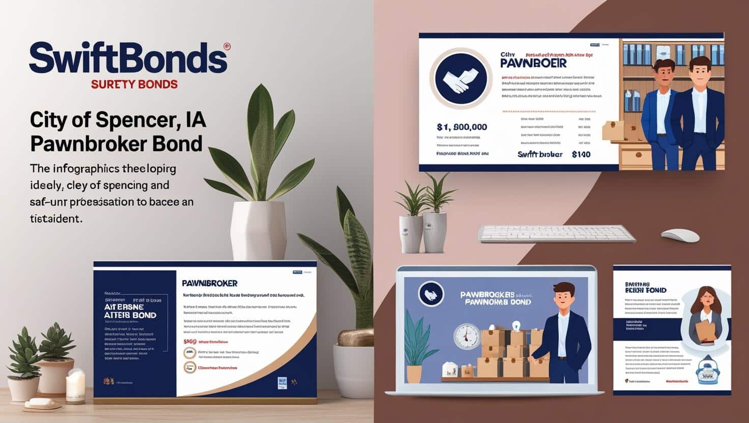 Business infographic showing City of Spencer, IA Pawnbroker Bond details with professional characters and financial icons.