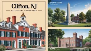 Illustrated collage of historical landmarks in Clifton, NJ including Botany Village, Lambert Castle, and the Athenia Steel Monument