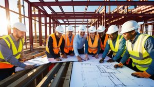 Construction team in hard hats reviewing blueprints at a commercial building site in Clifton, New Jersey