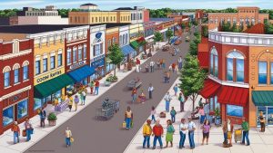 Illustrated depiction of a lively downtown Coon Rapids, Minnesota, showcasing historic brick buildings, local shops, and people enjoying a walkable main street.
