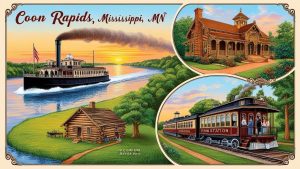 Vintage-style illustration of Coon Rapids, Minnesota, featuring a steamboat on the Mississippi River, a historic log cabin, an old train station, and a Victorian-style house.