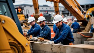 Construction workers in safety gear and hard hats working on a site in Coon Rapids, Minnesota, surrounded by heavy equipment and machinery.