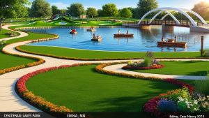 Centennial Lakes Park in Edina, Minnesota, featuring a beautiful lake, walking trails, and people enjoying paddle boating in a serene suburban setting.