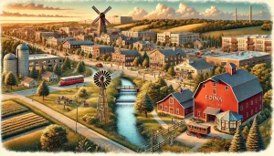 A scenic view of Edina, Minnesota, illustrating its transformation from a rural farming community to a modern suburban city. The image highlights historic landmarks, a red barn, and contemporary buildings.