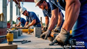 Construction workers in Edina, Minnesota, reviewing blueprints and collaborating on a building project. The image showcases teamwork, precision, and urban development.